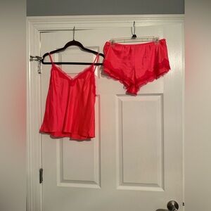 Victoria's Secret Red Satin Lace Pajama Set